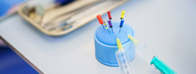 Close-up of a dentist tools and injections at ambulance.