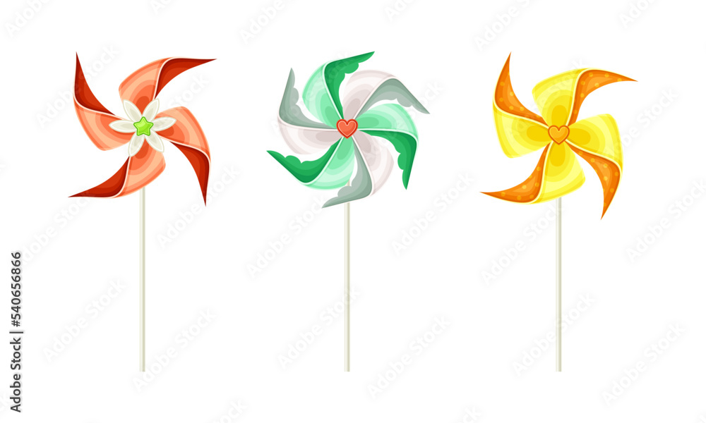 Poster colorful pinwheel toy with paper curl attached to stick vector set