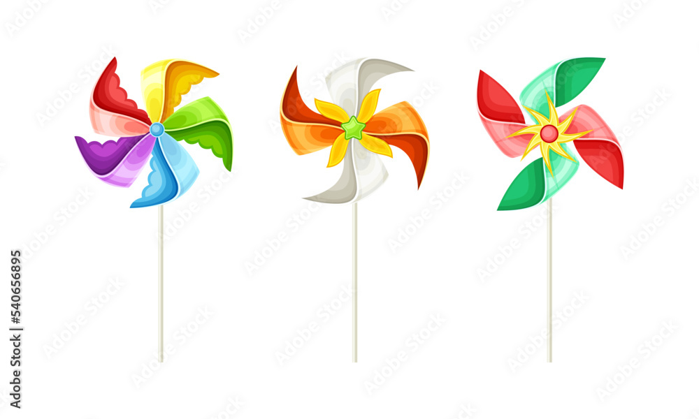 Poster colorful pinwheel toy with paper curl attached to stick vector set