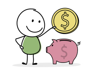 Funny stickman with piggy bank and dollars. Money saving concept. Vector