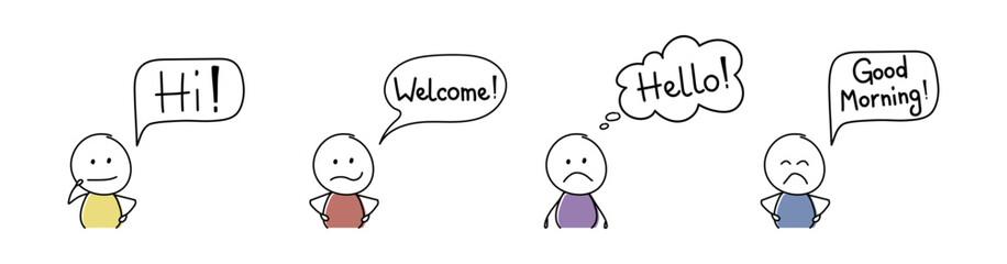 Unhappy cartoon people with greeting - welcome, hello, hi, good morning. Vector