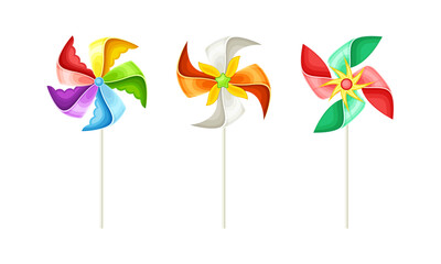 Colorful Pinwheel Toy with Paper Curl Attached to Stick Vector Set