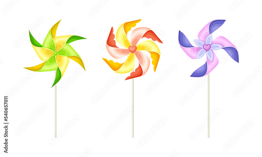 Poster colorful pinwheel toy with paper curl attached to stick vector set