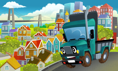 Obraz na płótnie Canvas cartoon industrial truck through the city illustration