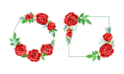 Rose Frame with Red Lush Bud and Green Leaves Arranged in Shape with Border Vector Set