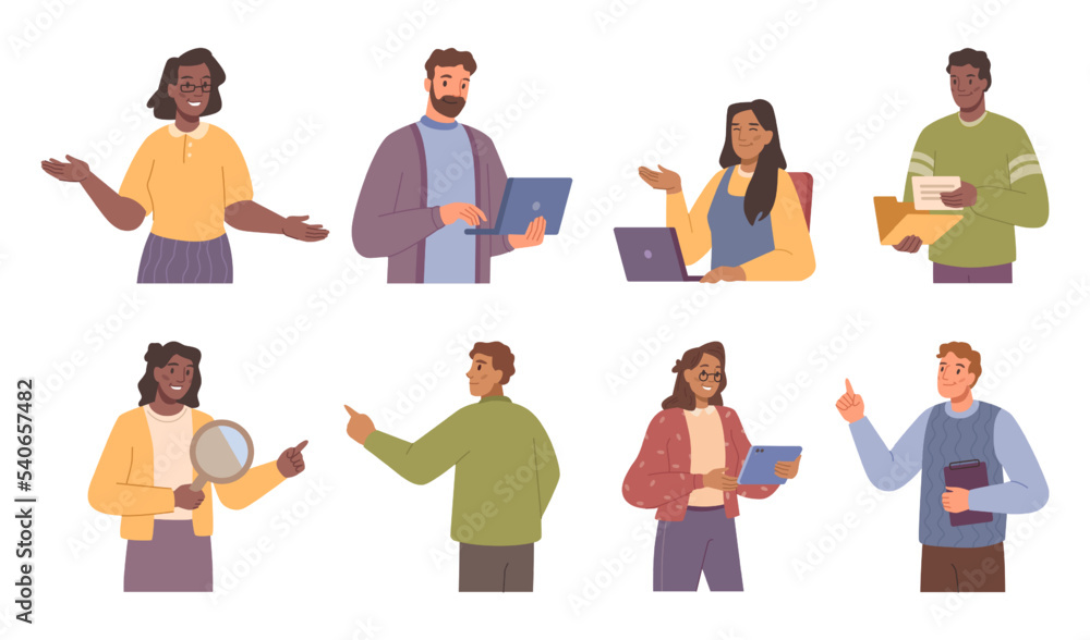 Poster employees and workers of business company busy with projects and tasks. isolated man and woman with 