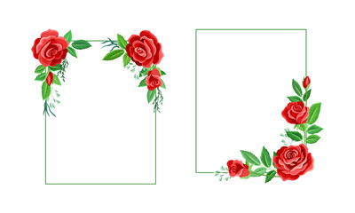 Rose Frame with Red Lush Bud and Green Leaves Arranged in Shape with Border Vector Set