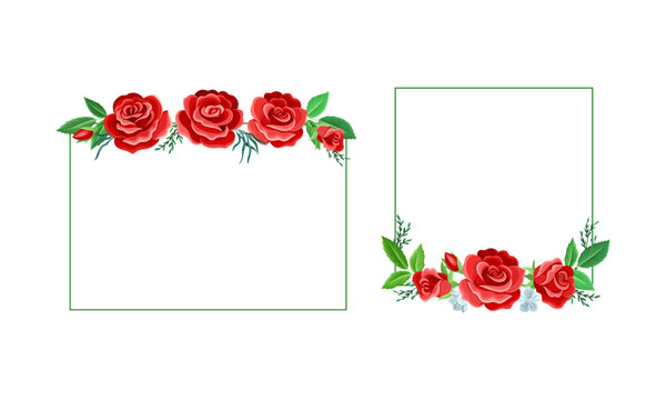Rose Frame with Red Lush Bud and Green Leaves Arranged in Shape with Border Vector Set