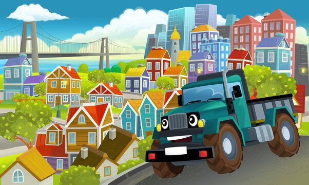 cartoon industrial truck through the city illustration for children © honeyflavour