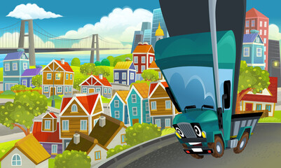 cartoon industrial truck through the city illustration