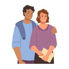 Fototapeta premium Smiling family of man and woman hugging, listening and holding documents in hands. Customers or clients pair. Flat cartoon character, vector in flat style