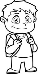Outlined Happy School Boy Cartoon Character With Backpack. Vector Hand Drawn Illustration Isolated On Transparent Background