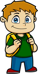 Happy School Boy Cartoon Character With Backpack. Vector Hand Drawn Illustration Isolated On Transparent Background