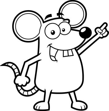 Outlined Funny Mouse Cartoon Character Pointing. Vector Hand Drawn Illustration Isolated On Transparent Background