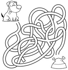 Cartoon Maze Game Education For Kids Help the Dog Get To The Food. Vector Hand Drawn Illustration Isolated On White Background