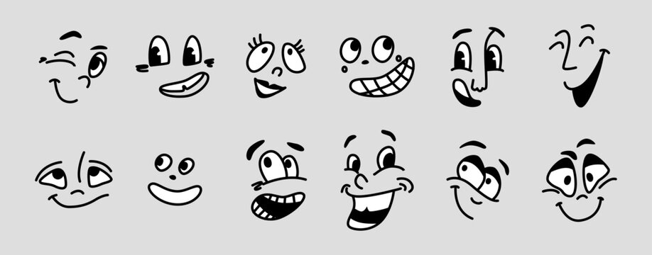 Facial expression of cartoon character, isolated eyes and mouth with laugh and grin. Winking and laughing, smiling and cheering emoji or emoticon. Vector in flat style