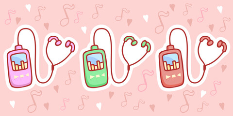 Cute hand-drawn set of MP3 players and earphones in doodle cartoon style. Composition in neutral candy colors. Kawaii element for card, social media banner, sticker, kids playroom decor. Vector