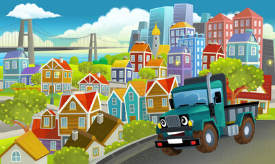 Fototapeta na wymiar cartoon industrial truck through the city illustration