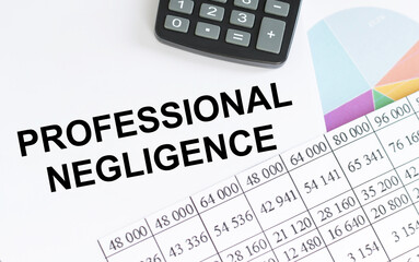 Notebook with the text PROFESSIONAL NEGLIGENCE on the office table among the stationery.