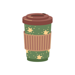 Coffee or tea, isolated Christmas beverage in plastic cup. Takeaway from restaurant or diner. Hot chocolate, drink for winter holidays. Vector in flat style