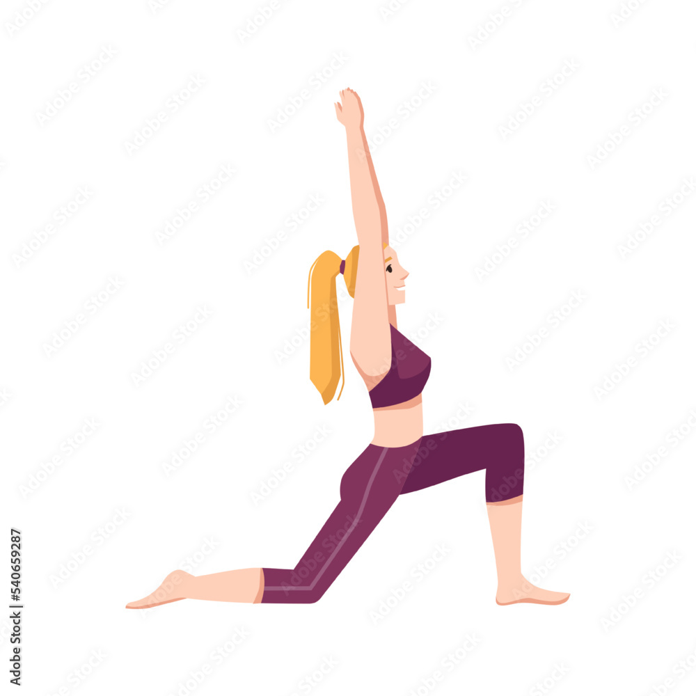Poster stretching woman, exercises and working out in gym or home program. female character doing yoga asan