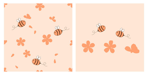 Seamless pattern with orange flower and bee cartoons on pastel background vector illustration. 