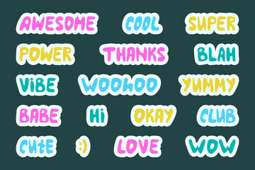 Collection of cute stickers. Words and sounds written in cute cool font. Awesome, cool, super, power, thanks, blah, vibe, woohoo, yummy, babe, hi, okay, club, cute, lowe, wow. y2k style.