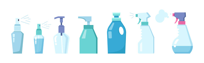 Personal hygiene types of care for cleanliness of hands. Isolated antiseptics and sanitizers in containers with spray, health care bottles set. Vector in flat style - obrazy, fototapety, plakaty