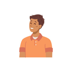 Cheerful boy with closed eyes, isolated portrait of male character in profile. Personage with positive emotions or satisfaction. Vector in flat cartoon style