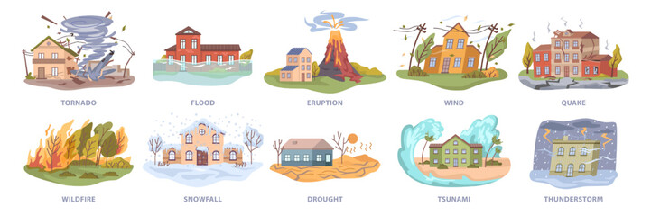 Disasters and natural catastrophes, flood and tornado, eruption and wind, quake and wildfire, snowfall and drought, tsunami and thunderstorm set. Vector in flat style - obrazy, fototapety, plakaty