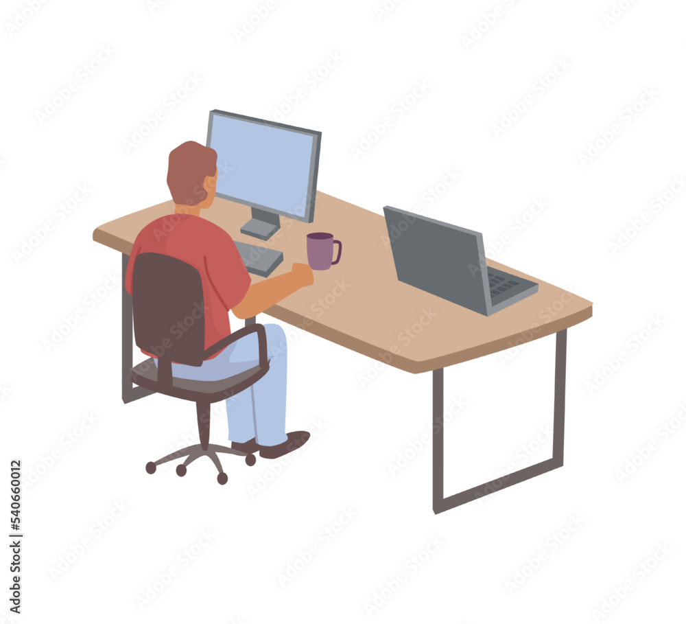 Poster workplace in office, boss or director of company on working space with computer, laptop and cup of c