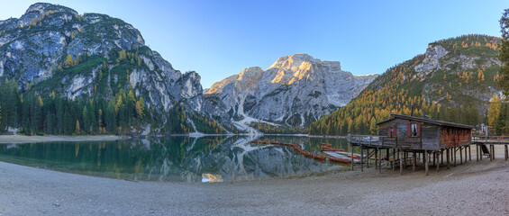 Sunrise panorama at Lago di Braies aka Pragser Wildsee in the Dolomites