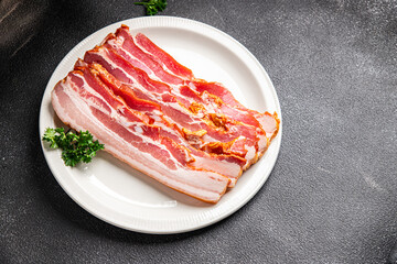 slice bacon pork strips lard smoked meat meal food snack on the table copy space food background