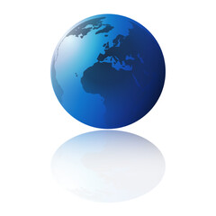 Simple Isolated Blue Earth Globe Design with Reflection on White Background - Europe, Africa, Middle East Side - Vector Template with Copyspace for Web, Poster, Placard, Flyer or Cover Designs