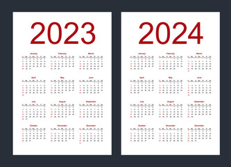 Simple editable vector calendars for year 2023, 2024. Week starts from Sunday. Vertical. Isolated vector illustration on white background.
