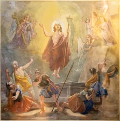 Schilderijen op glas ANNEC, FRANKRIJK - 11 JULI 2022: Het fresco van de opstanding in de kerk Notre Dame de Lellis uit 20 cent. © Renáta Sedmáková