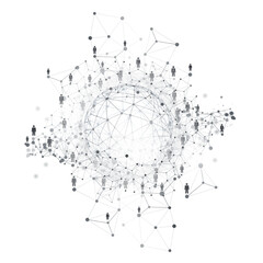 Digital Networks, IT, Global Business Connections - Team Work or Social Media Concept Design with Globe, Connected People and Transparent Polygonal Network Mesh - Template Isolated on White Background