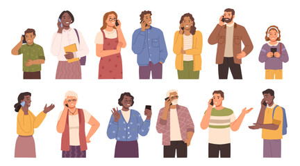 Male and female characters talking on phones, people set. Isolated youth and senior person communicating via smartphones. Teenagers and grandparents. Vector in flat cartoon style