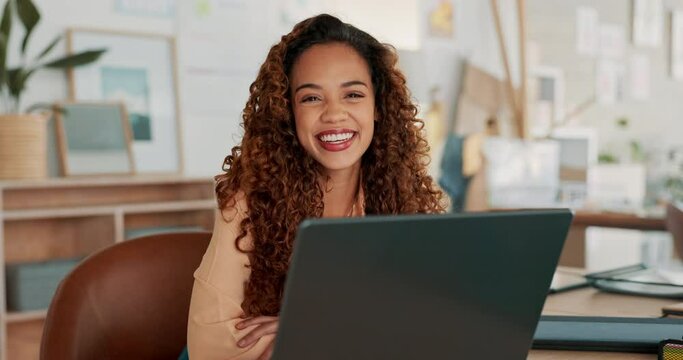 Business, happy black woman and laptop planning report or email communication online. Portrait of corporate girl smile, research strategy development and reading internet article in company office