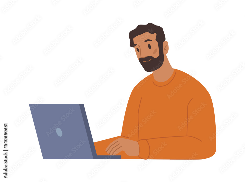 Poster Developer or programmer working on personal computer laptop. Boss or director finishing project online in web. Cartoon character, vector in flat style
