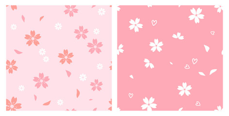 Seamless pattern with Sakura flower, flying petals, daisies and hand drawn hearts on pink backgrounds vector illustration. Cute floral print.