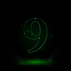 A large green outline number nine symbol on the center. Green Neon style. Neon color with shiny stars. Vector illustration on black background