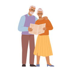 Grandmother and grandfather reading newspaper and smiling. Isolated senior people checking events on publication. Cartoon character, vector in flat style