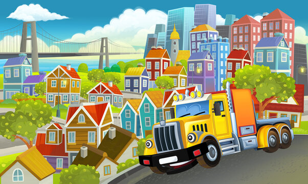 cartoon industrial truck through the city illustration © honeyflavour