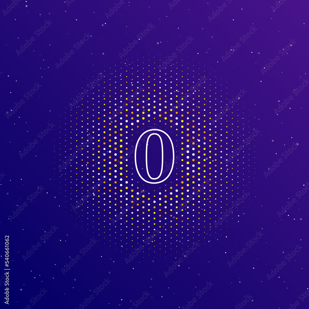 Poster a large white contour number zero symbol in the center, surrounded by small dots. dots of different 