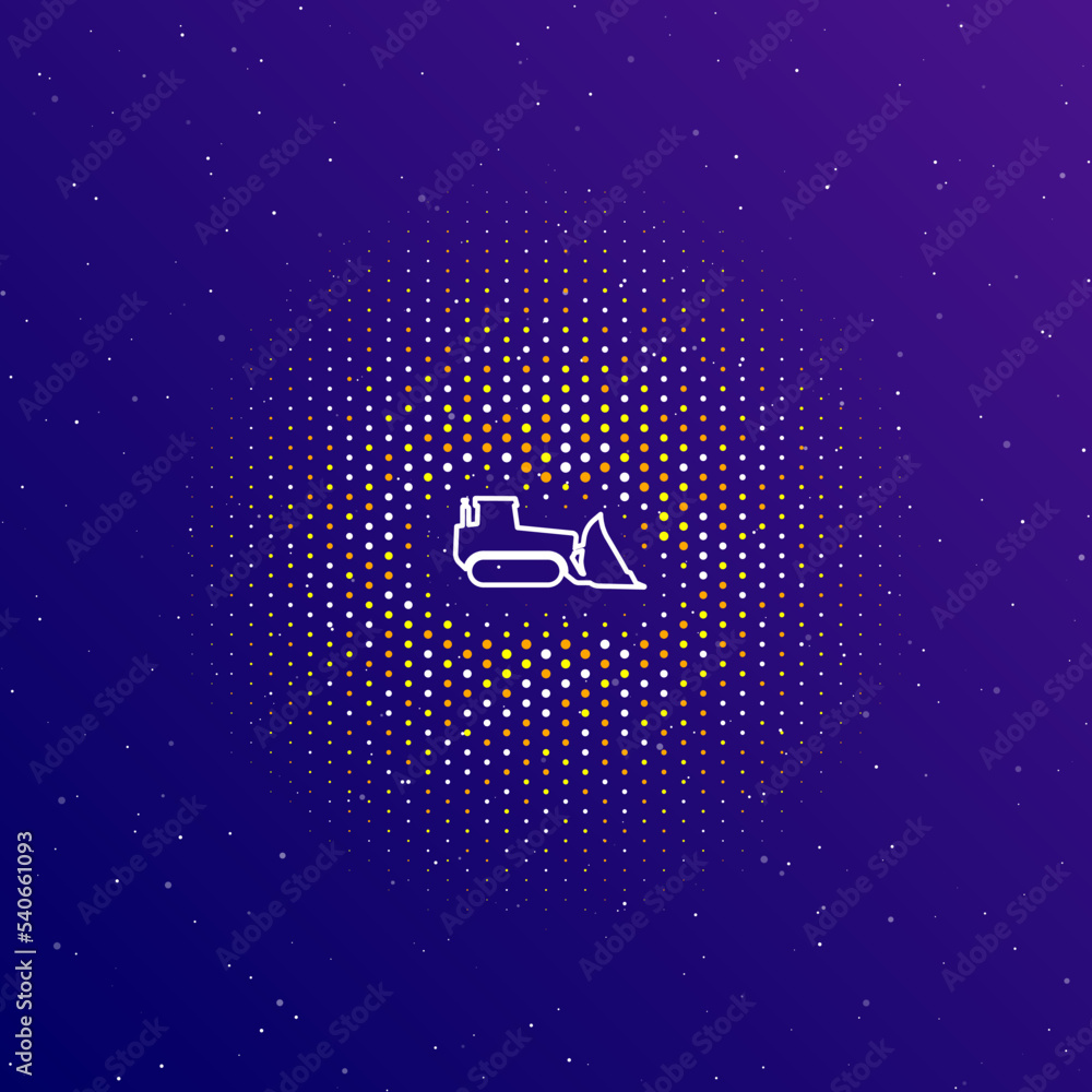 Poster a large white contour bulldozer symbol in the center, surrounded by small dots. dots of different co