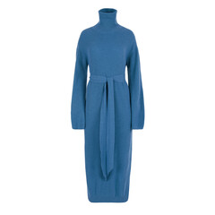 Blue tight long women's dress with collar and belt