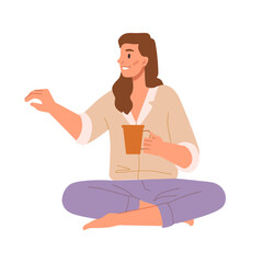 Young woman drinking tea or coffee from cup, sitting in pose of lotus. Isolated portrait of lady wearing home clothes. Cartoon character, vector in flat style