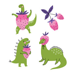 Hand drawn comic dinosaurs and strawberry. Perfect for stickers or kids t-shirt prints. Cute dino design isolated on the white background. Vector illustration.