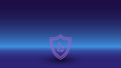 Neon fire protection symbol on a gradient blue background. The isolated symbol is located in the bottom center. Gradient blue with light blue skyline